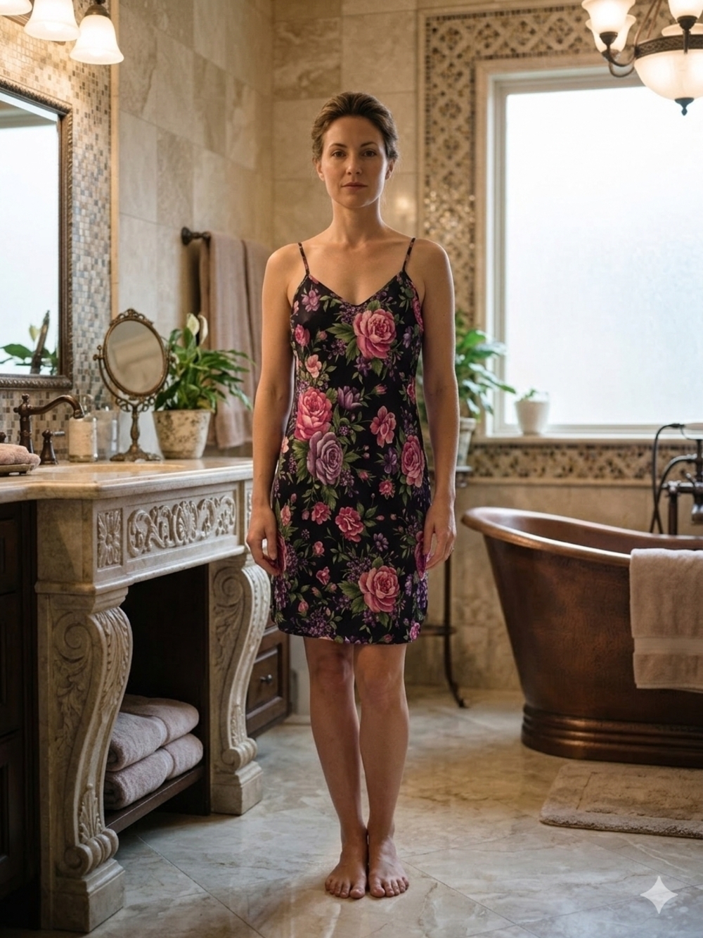 Dentelle Women's Purple Floral Print Satin Slip Dress Nightgown With Bag SizeS/M